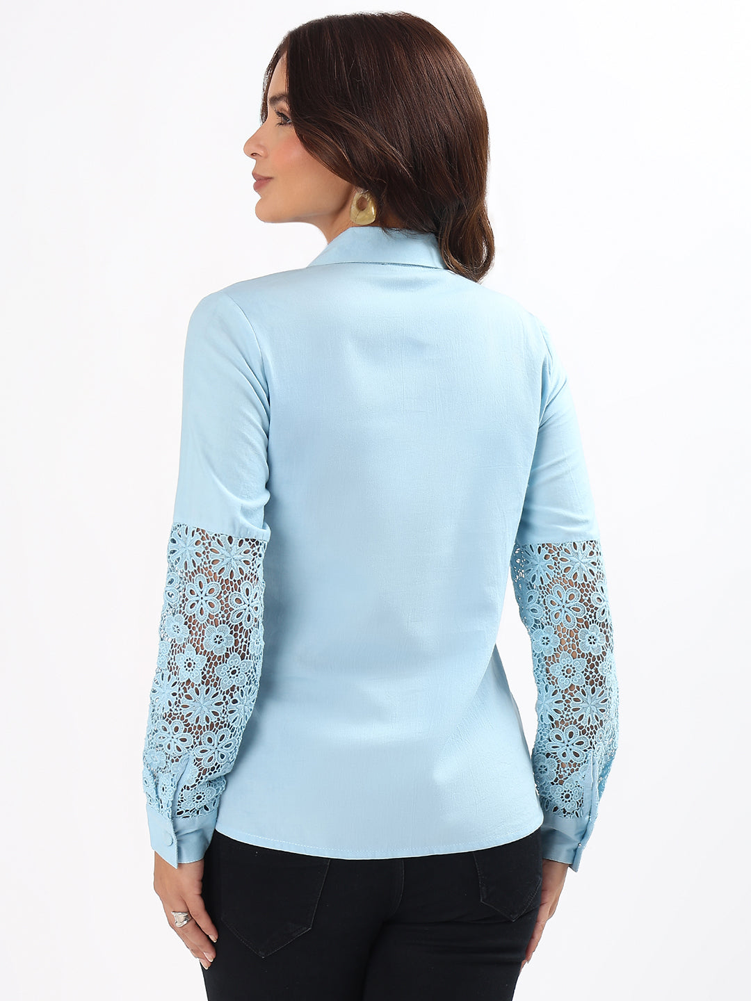 Baby Blue Lace Yoke Embroidered Cotton Silk Shirt