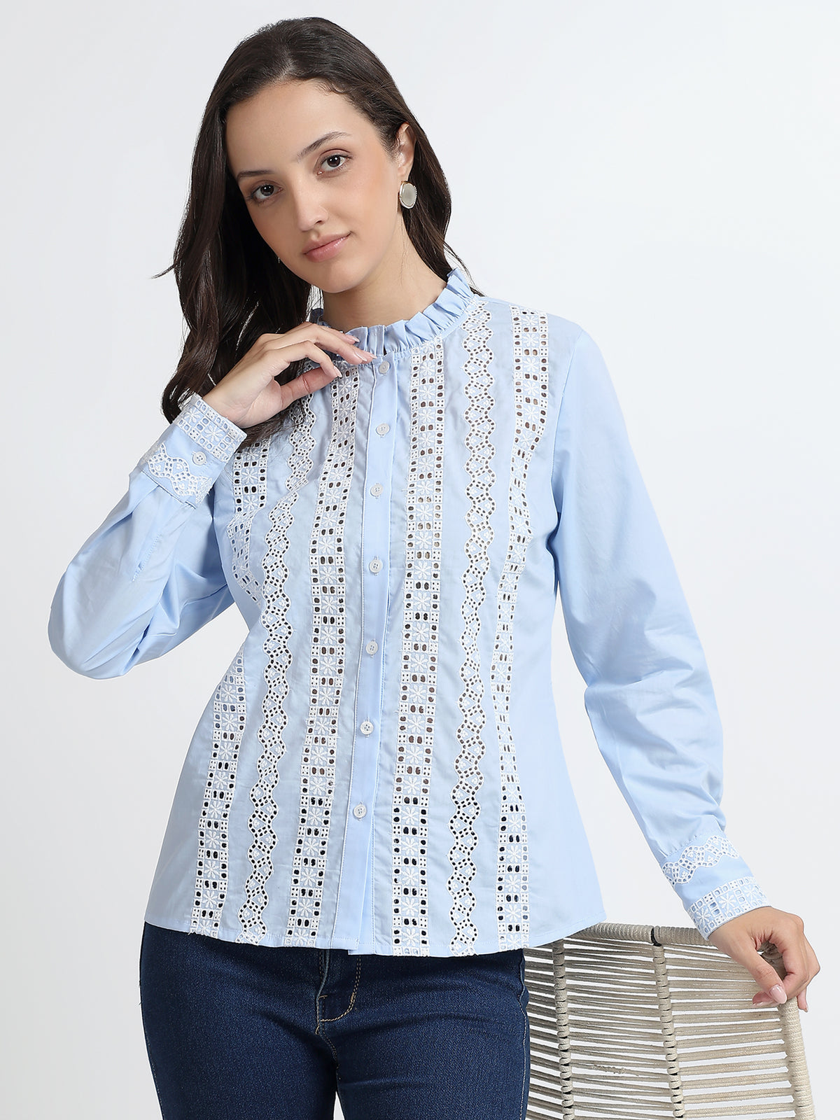 Women Sky Blue Lace Detail Ruffle Neck Shirt