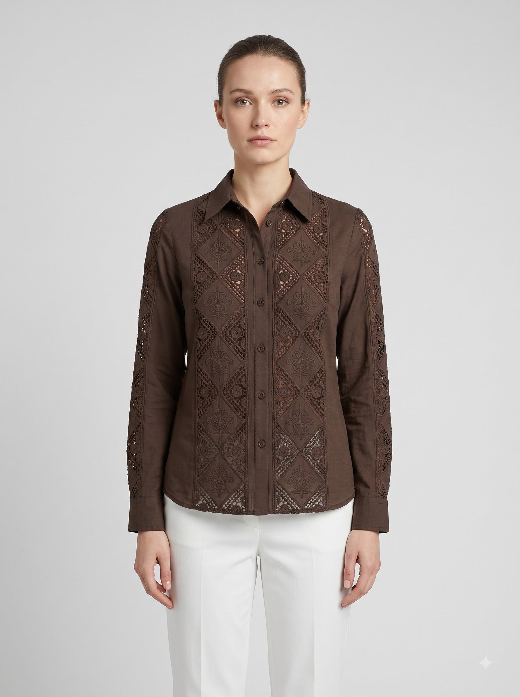 Women’s Coffee Brown Embroidered Cotton Shirt with Full Sleeves