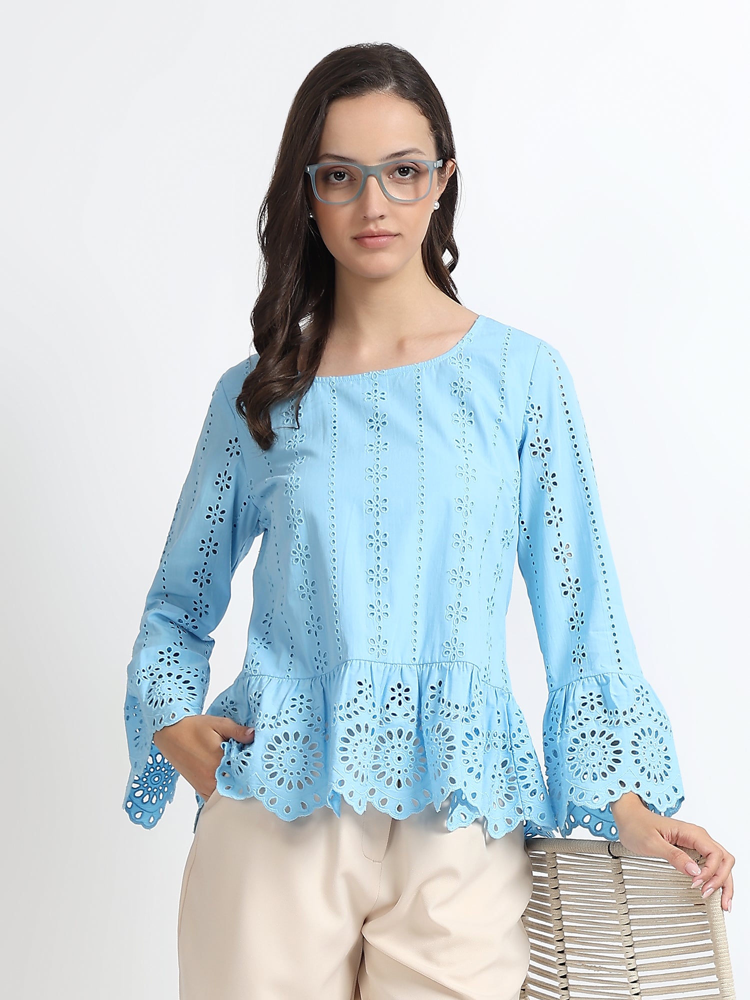 Women Sky Blue Schiffli Embroidery Peplum Top