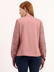Dusty Pink Lace Yoke Elegant Button-Down Embroidered Full Sleeve Shirt