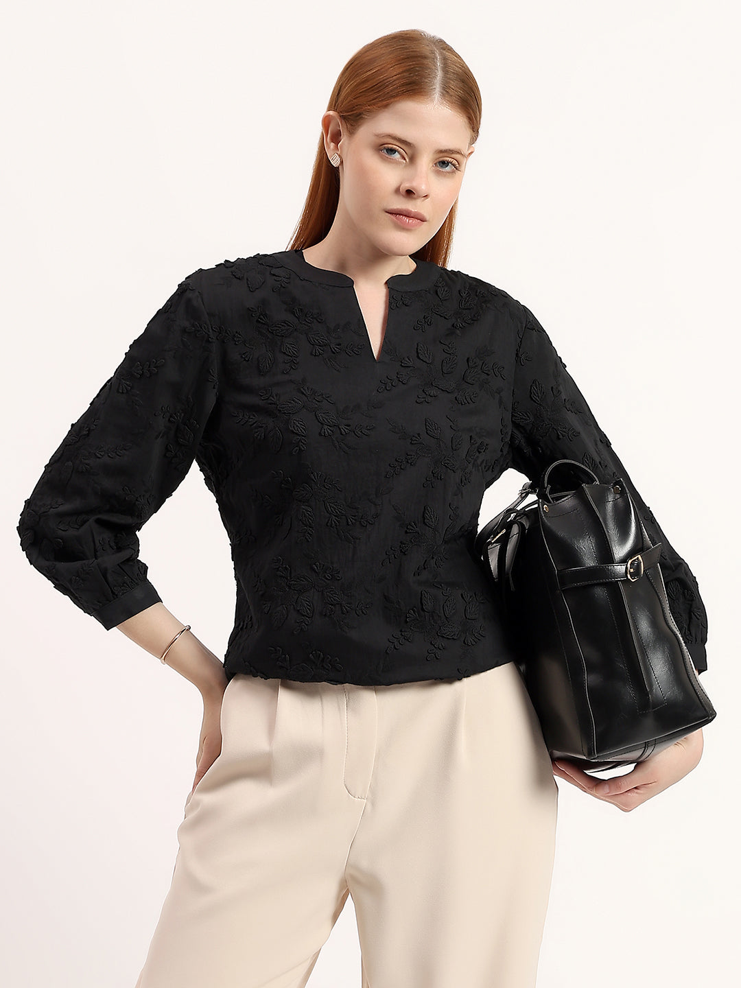 Floral Black 3D Embroidered Elegant Notch V-Neck 3/4 Sleeve Top