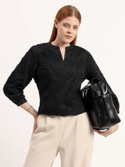 Floral Black 3D Embroidered Elegant Notch V-Neck 3/4 Sleeve Top