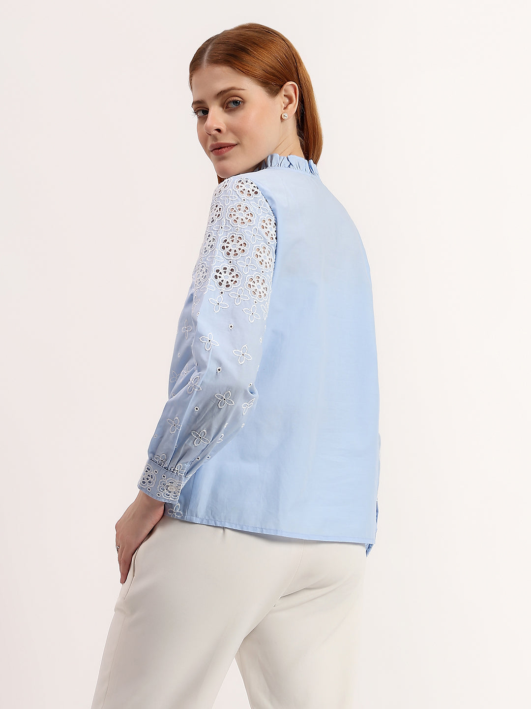 Sky Blue Embroidered Frill Neck Button-Down Elegant Full Sleeve Shirt