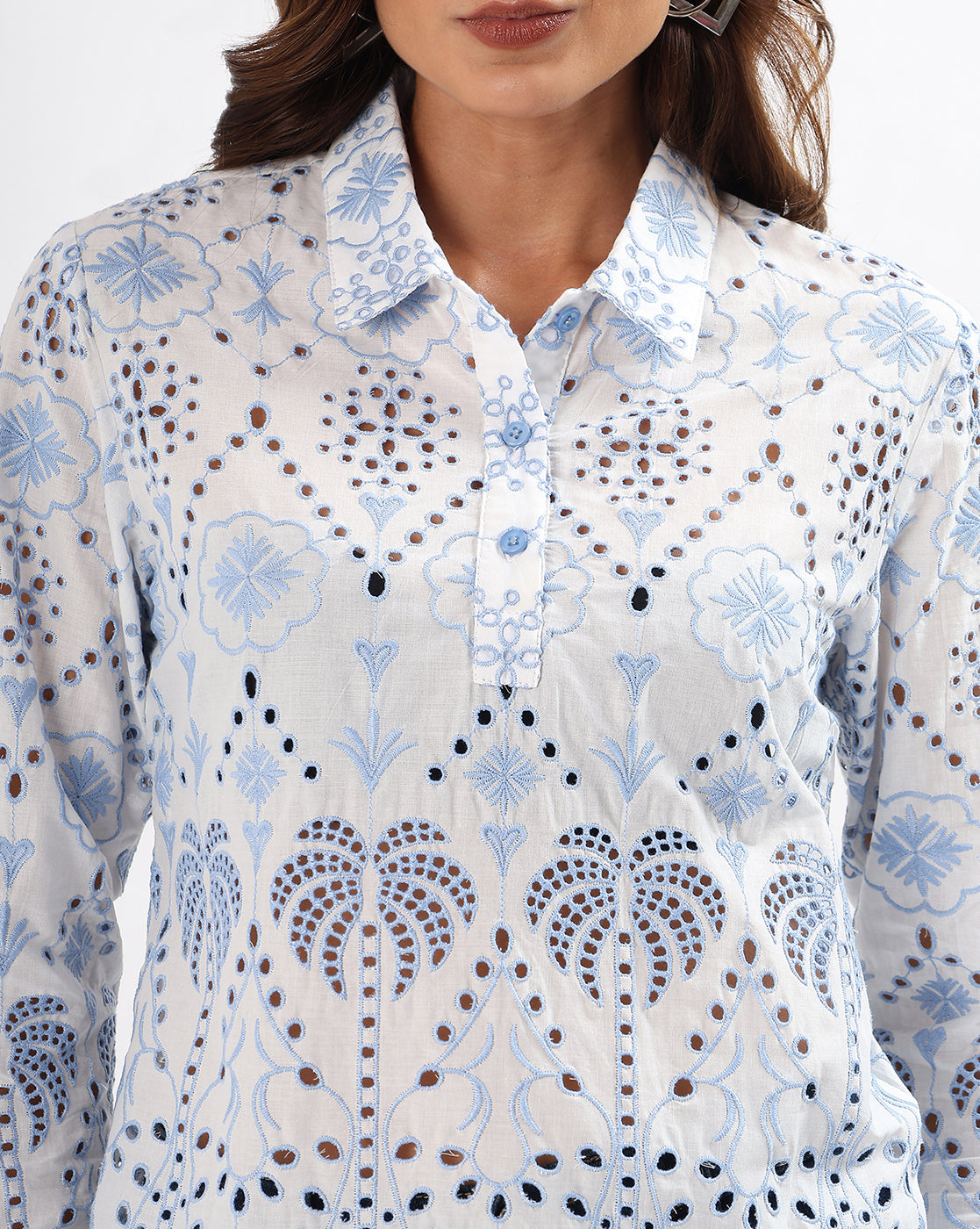 White & Blue Schiffli Embroidered Cotton Top