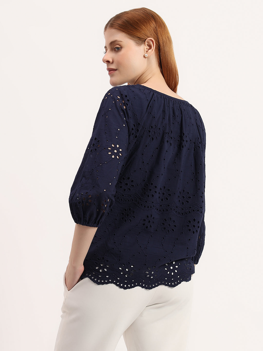 Navy Blue Eyelet Embroidered 100% Cotton Top