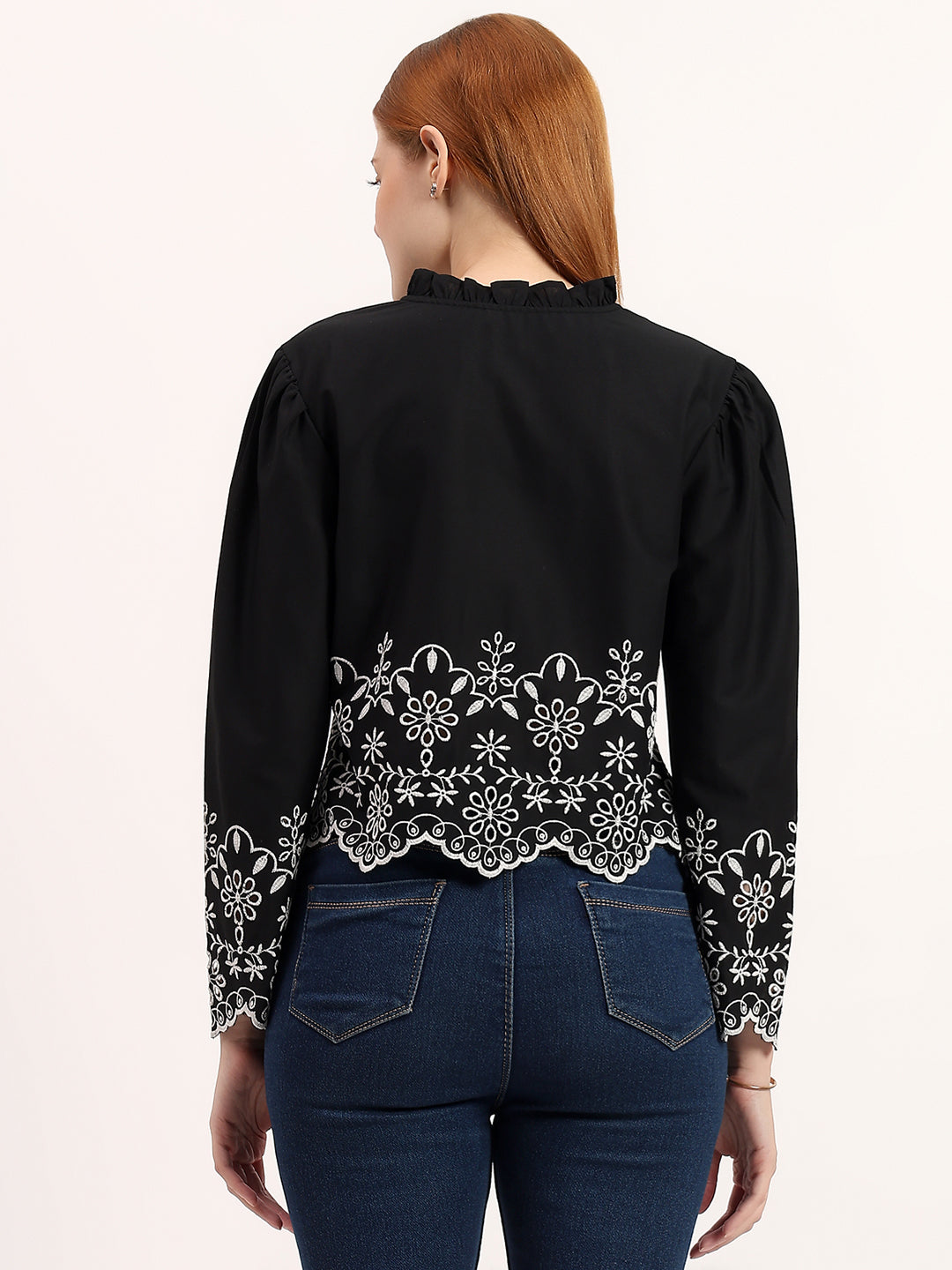 Black Embroidered Tie-Up Stylish Ruffle Neck Bell Sleeve Crop Top