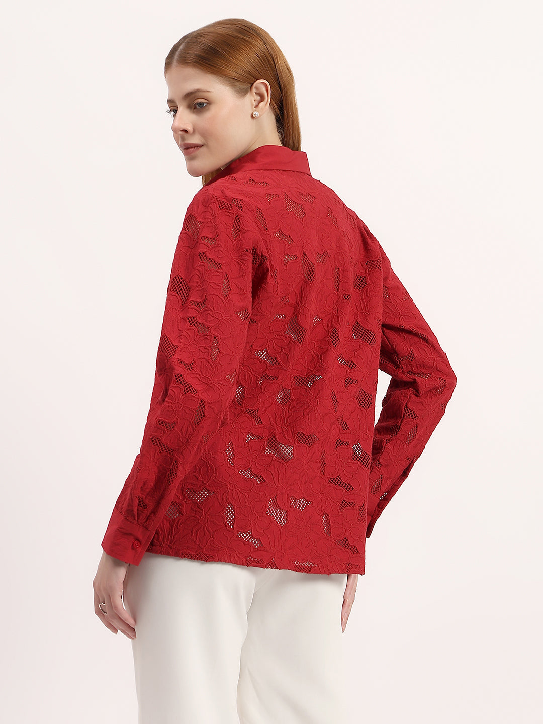 Red Floral 3D Embroidery Elegant Button-Down Full Sleeve Shirt