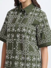 Women Olive Green Embroidered Short Sleeve Shirt
