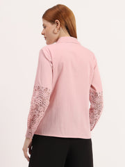 Blush Pink Lace Panel Elegant Button-Down Embroidered Full Sleeve Shirt