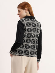 Black Embroidered Elegant Contrast Dori Work Button-Down Shirt