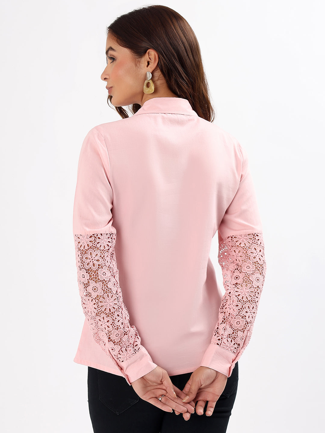 Pink Schiffli Lace Yoke Embroidered Cotton Silk Shirt