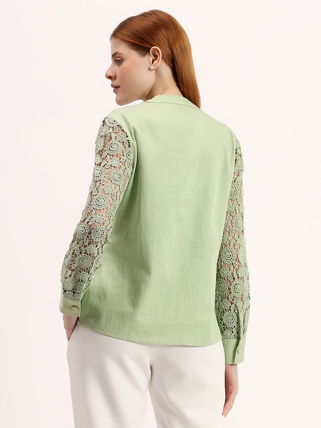 Green Embroidery Panel Elegant Button-Down Full Sleeve Shirt
