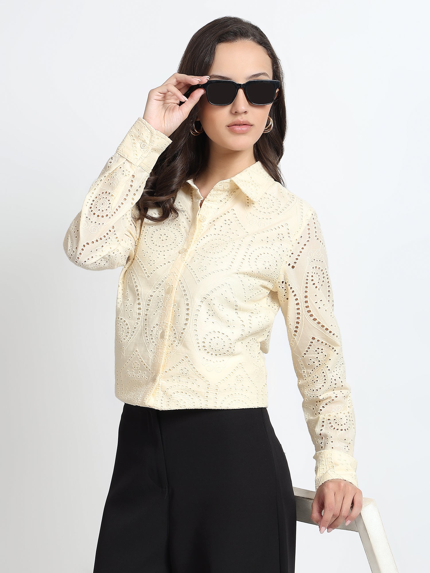 Women Cream Schiffli Embroidery Full Sleeve Shirt