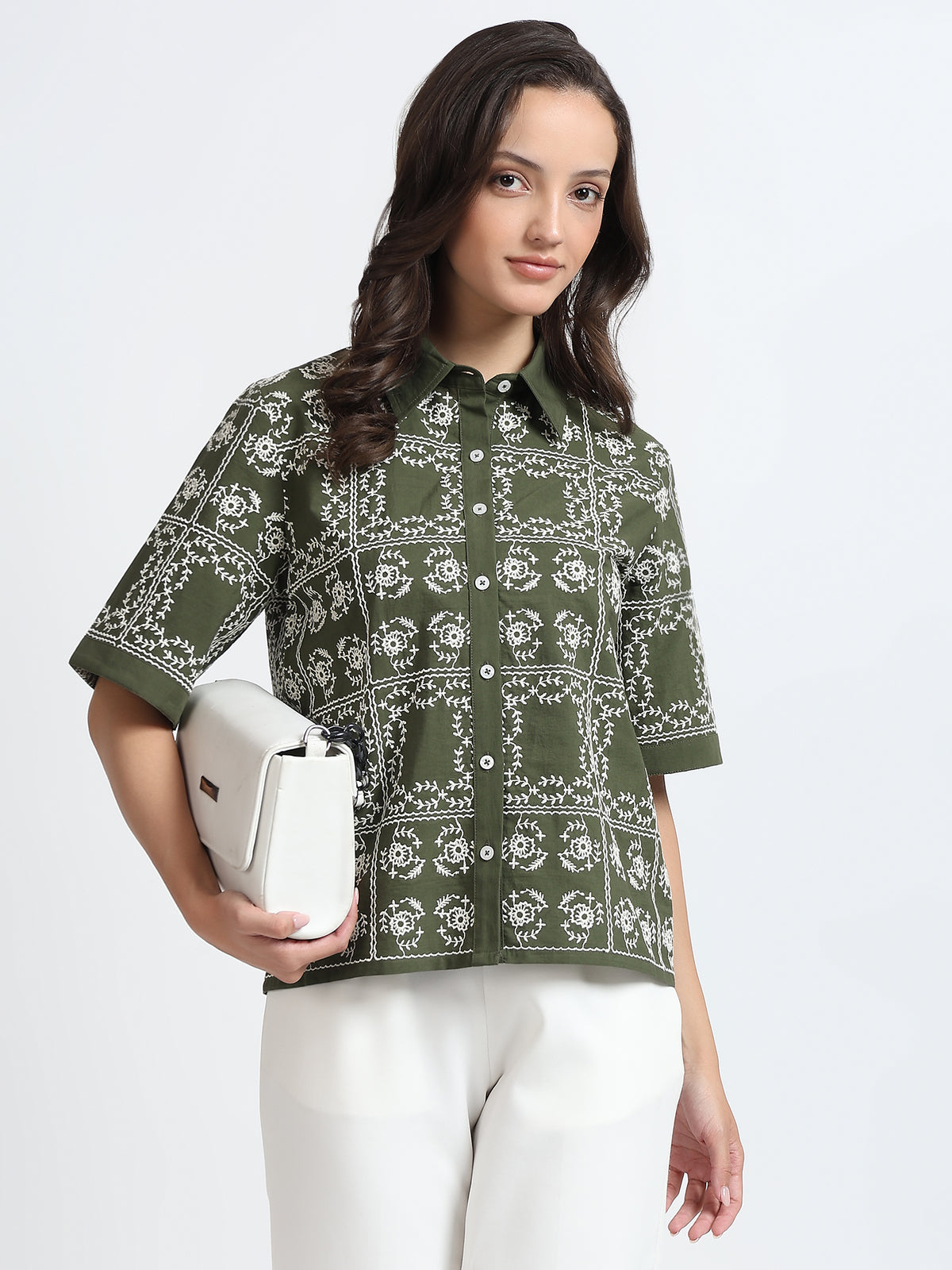Women Olive Green Embroidered Short Sleeve Shirt