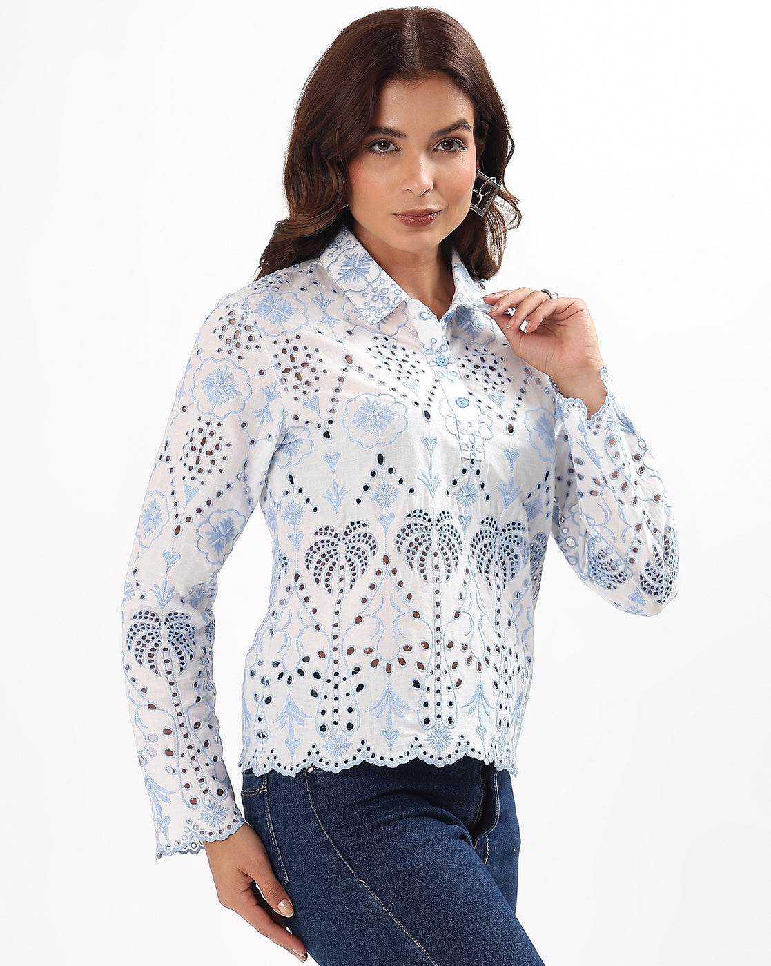 White & Blue Schiffli Embroidered Cotton Top