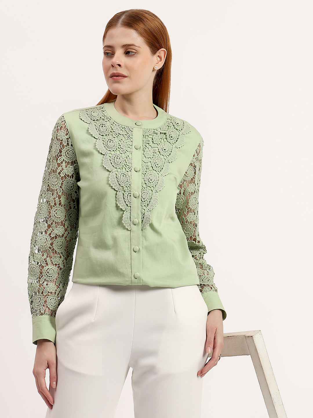 Green Embroidery Panel Elegant Button-Down Full Sleeve Shirt