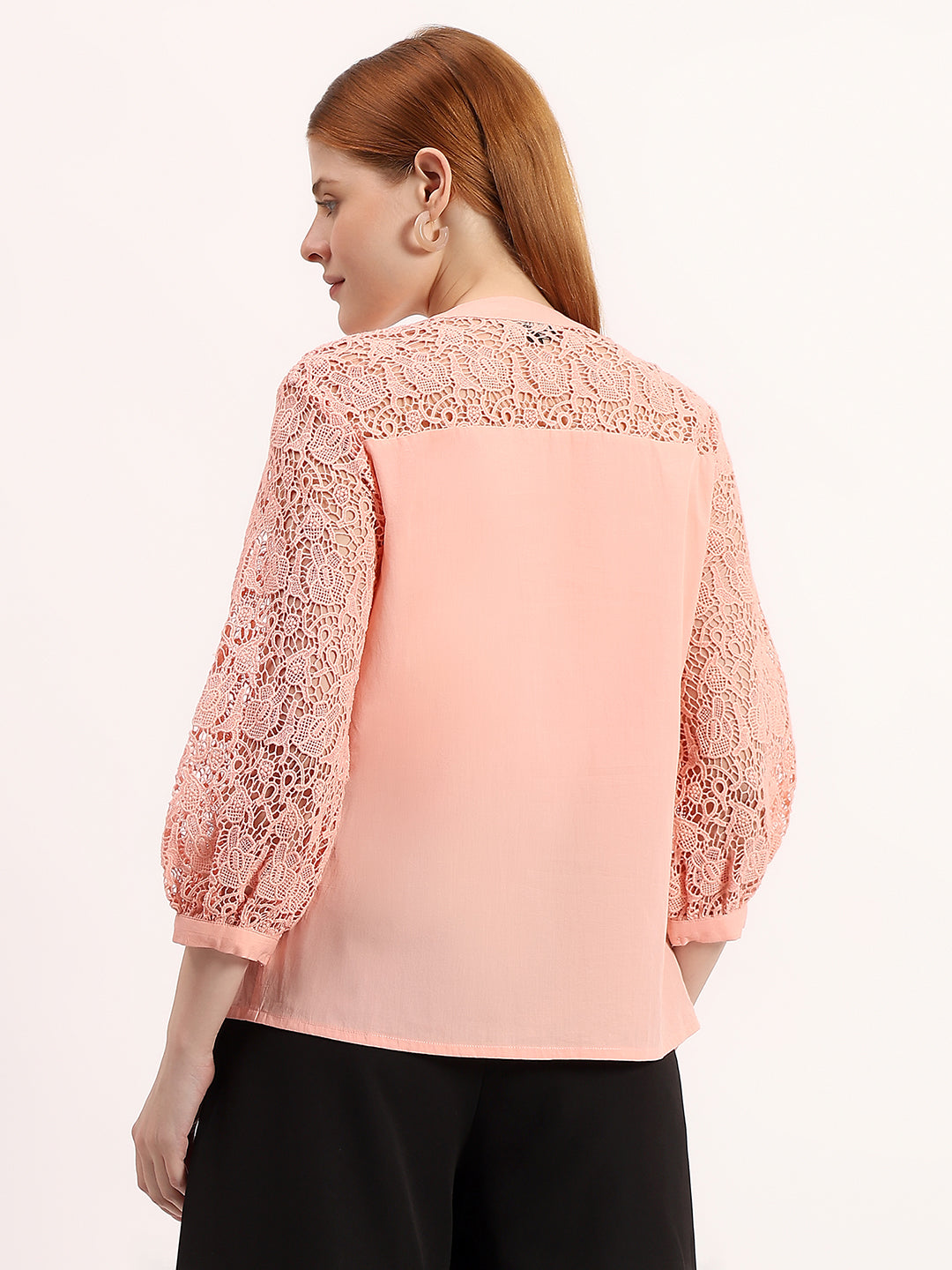 Peach Lace Yoke Embroidered Elegant Button-Down Shirt