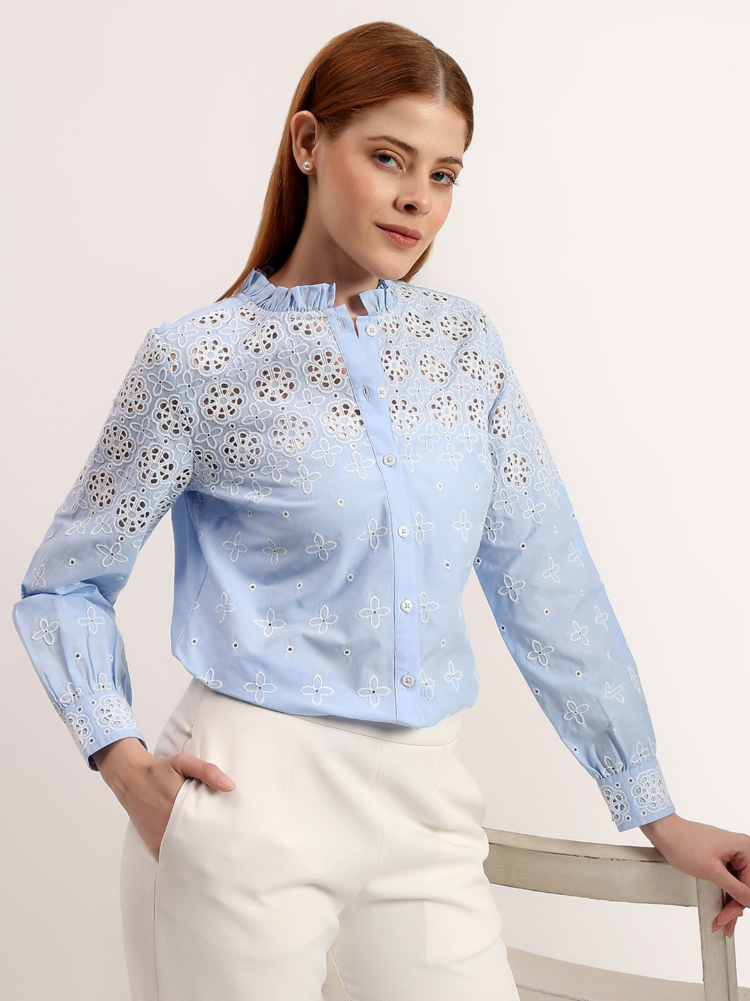 Sky Blue Embroidered Frill Neck Button-Down Elegant Full Sleeve Shirt