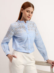 Sky Blue Embroidered Frill Neck Button-Down Elegant Full Sleeve Shirt