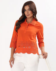 Tangy Orange Schiffli Embroidered Cotton Top