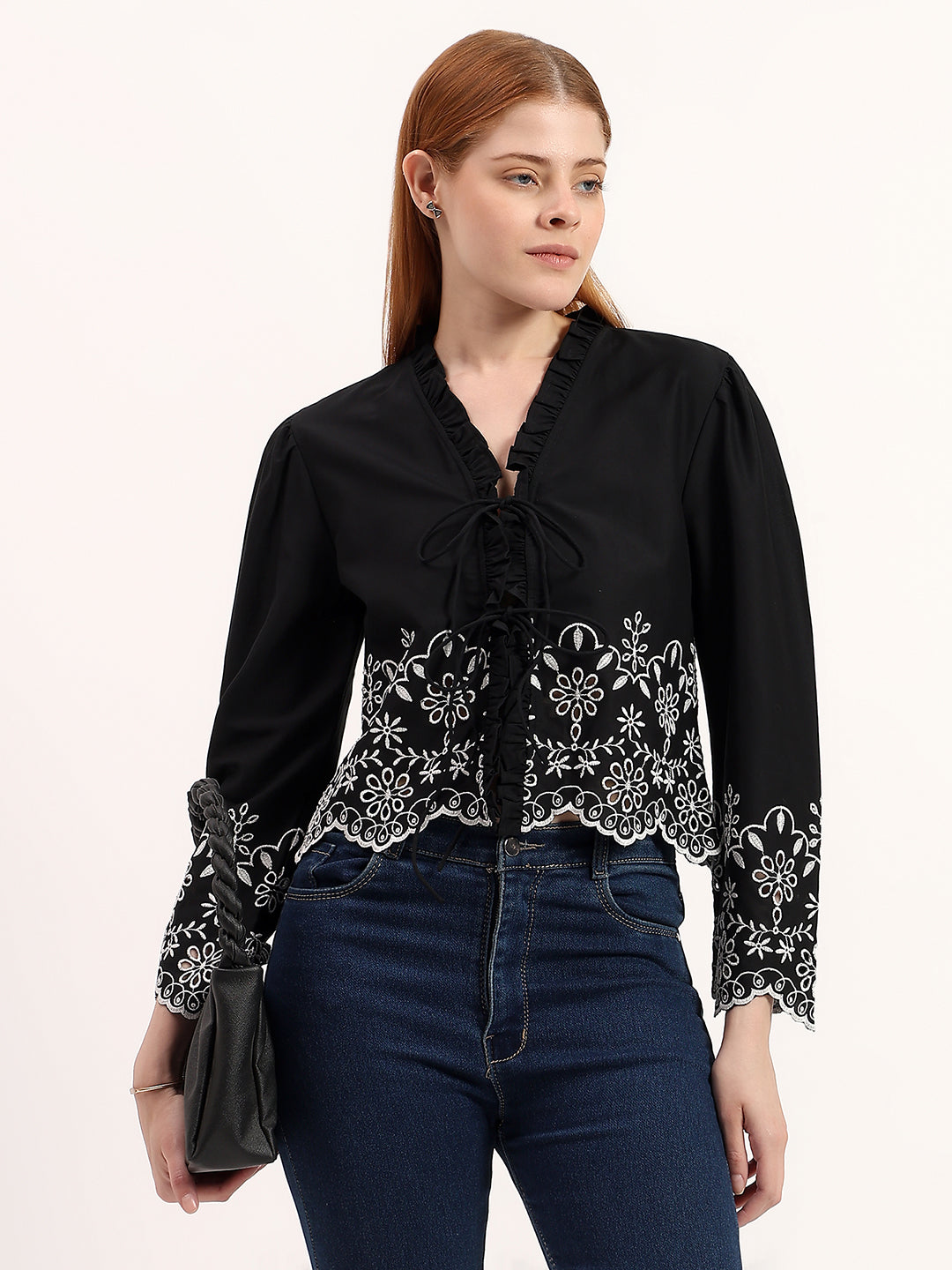 Black Embroidered Tie-Up Stylish Ruffle Neck Bell Sleeve Crop Top