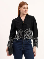 Black Embroidered Tie-Up Stylish Ruffle Neck Bell Sleeve Crop Top