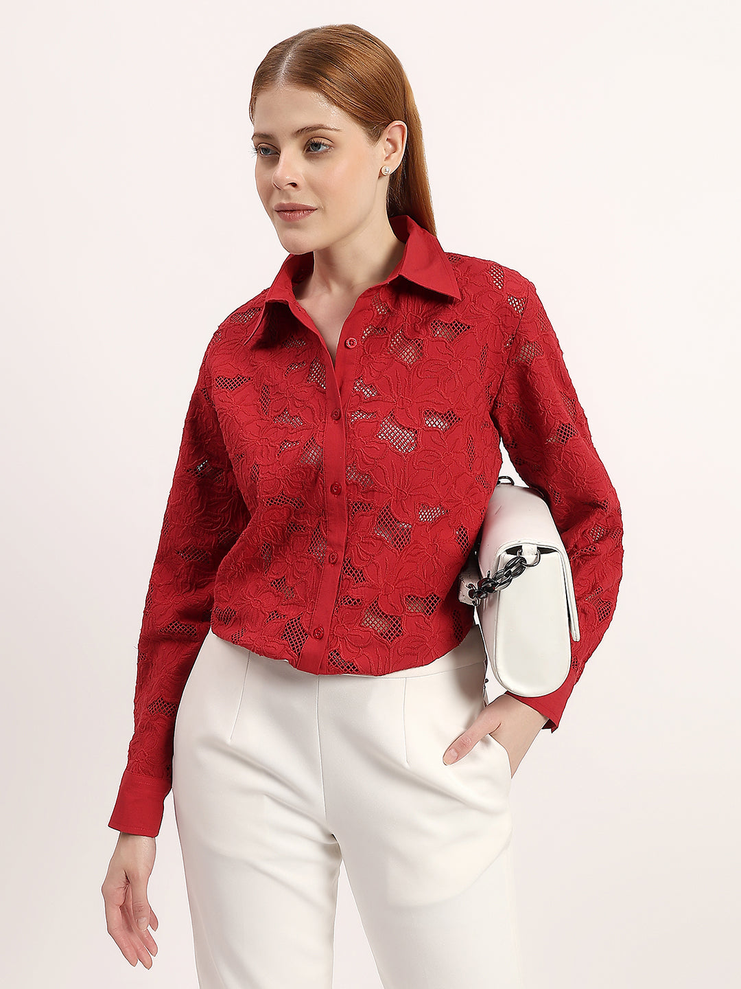 Red Floral 3D Embroidery Elegant Button-Down Full Sleeve Shirt