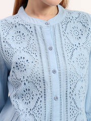 Blue Embroidered Panel Elegant Mandarin Collar Button-Down Shirt