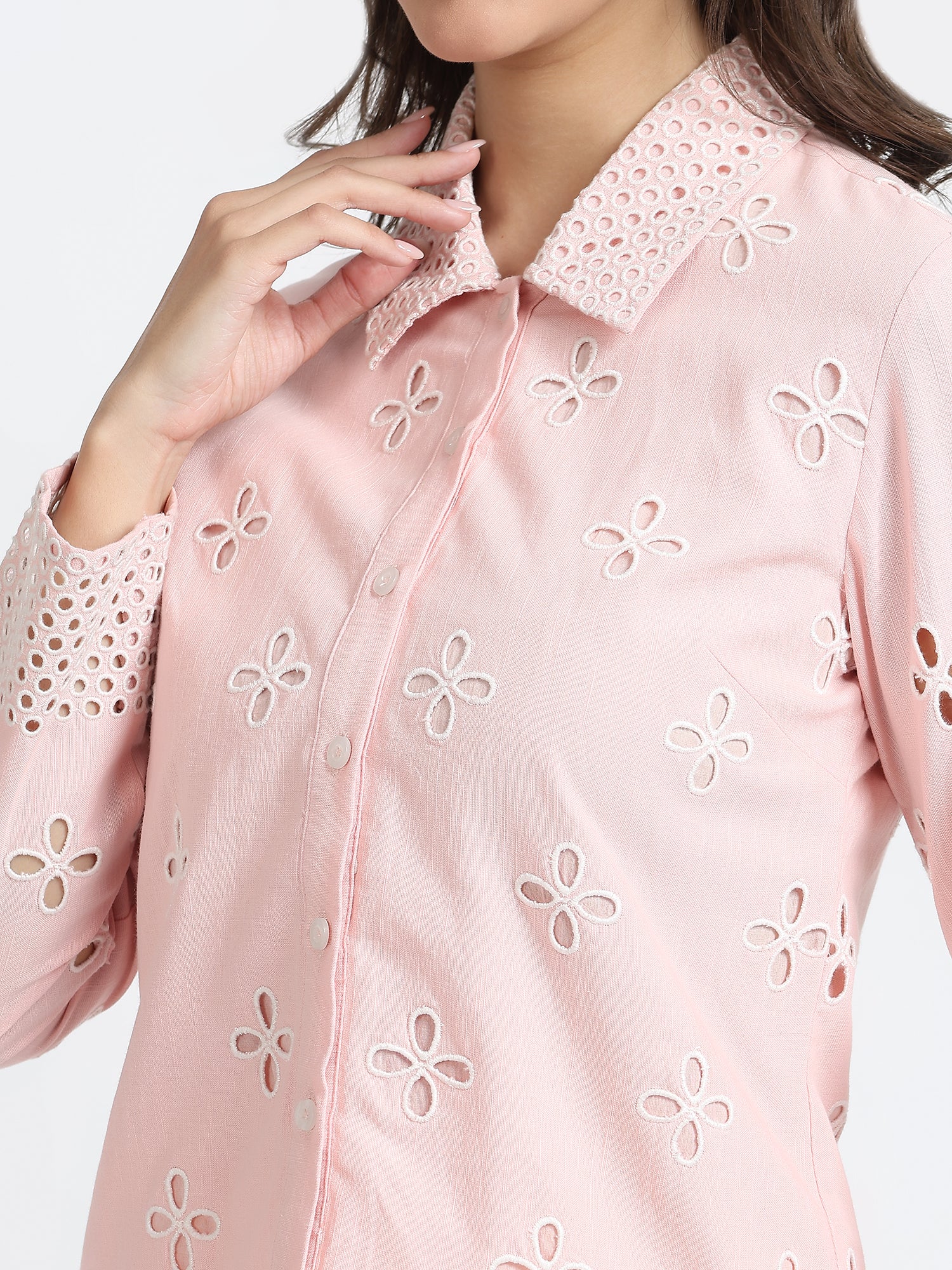Women Pink Schiffli Embroidery Full Sleeve Shirt
