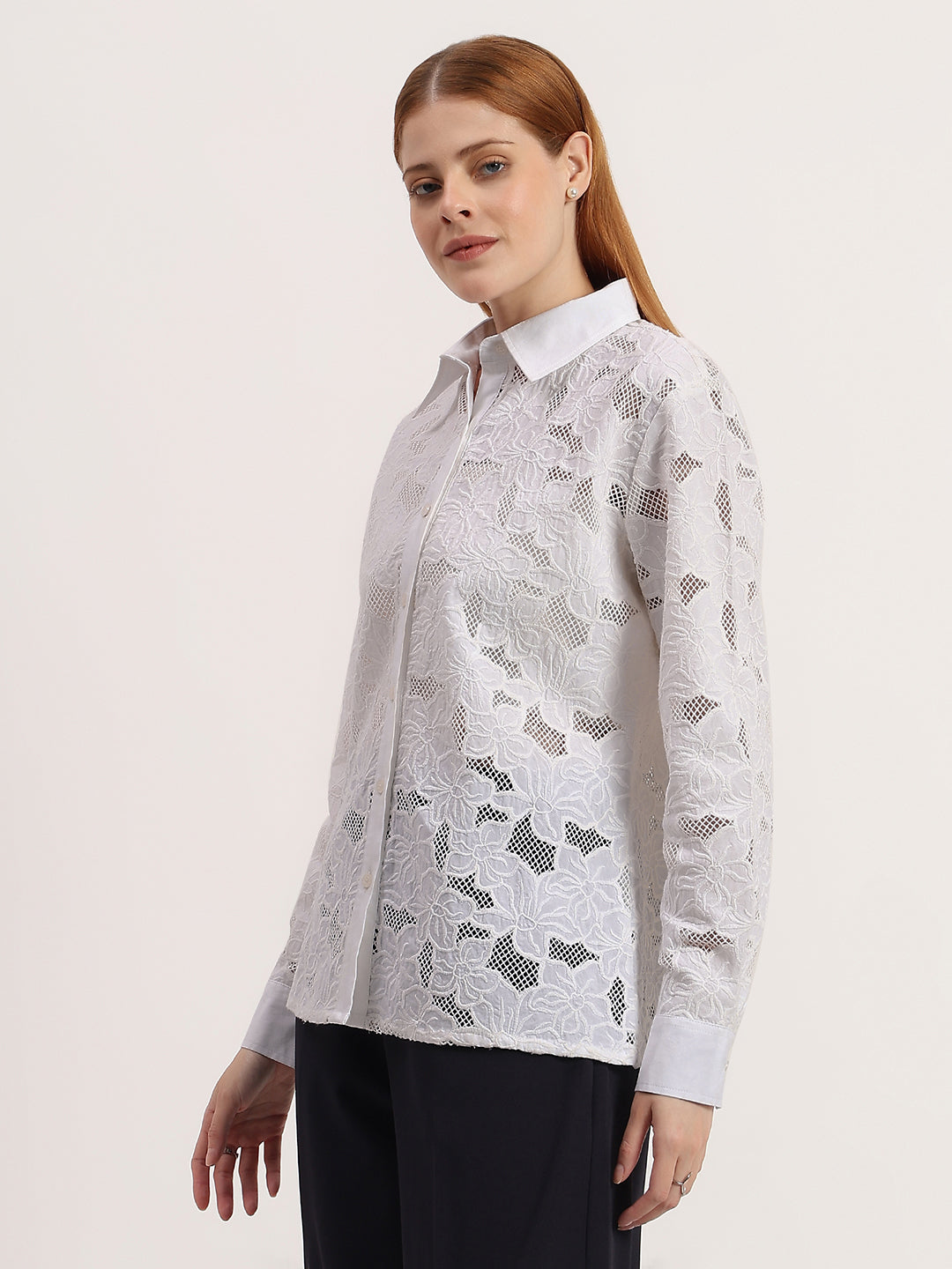 White Floral Lace 3D Embroidered Elegant Button-Down Full Sleeve Shirt