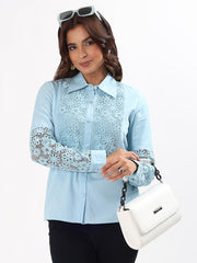 Baby Blue Lace Yoke Embroidered Cotton Silk Shirt