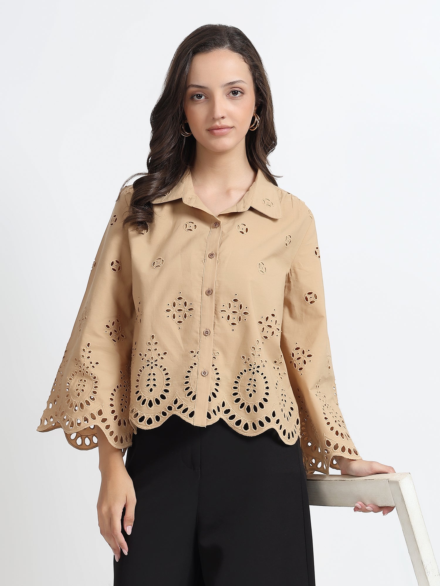 Women Beige Schiffli Embroidery Full Sleeve Shirt