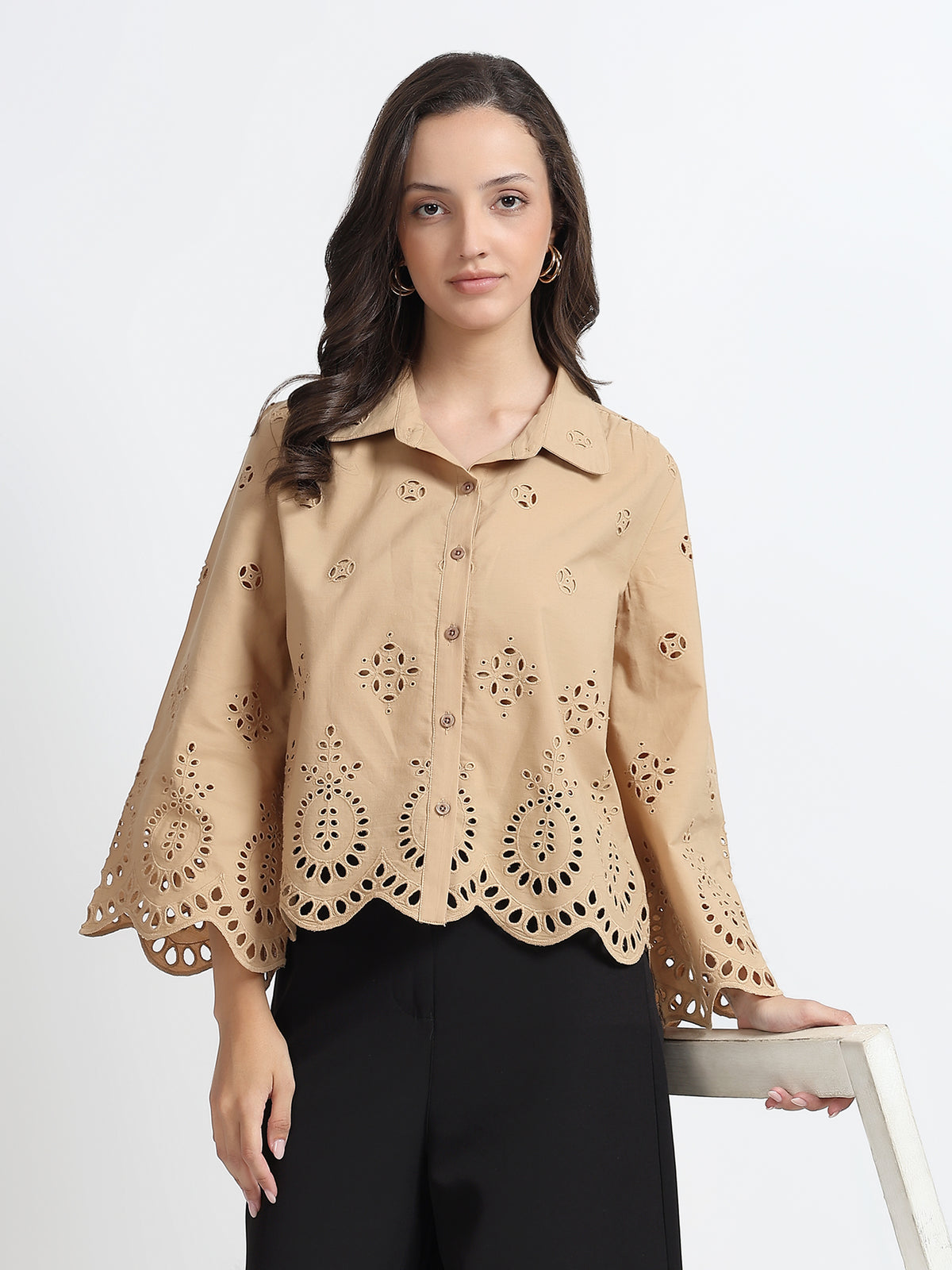 Women Beige Schiffli Embroidery Full Sleeve Shirt