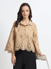Women Beige Schiffli Embroidery Full Sleeve Shirt