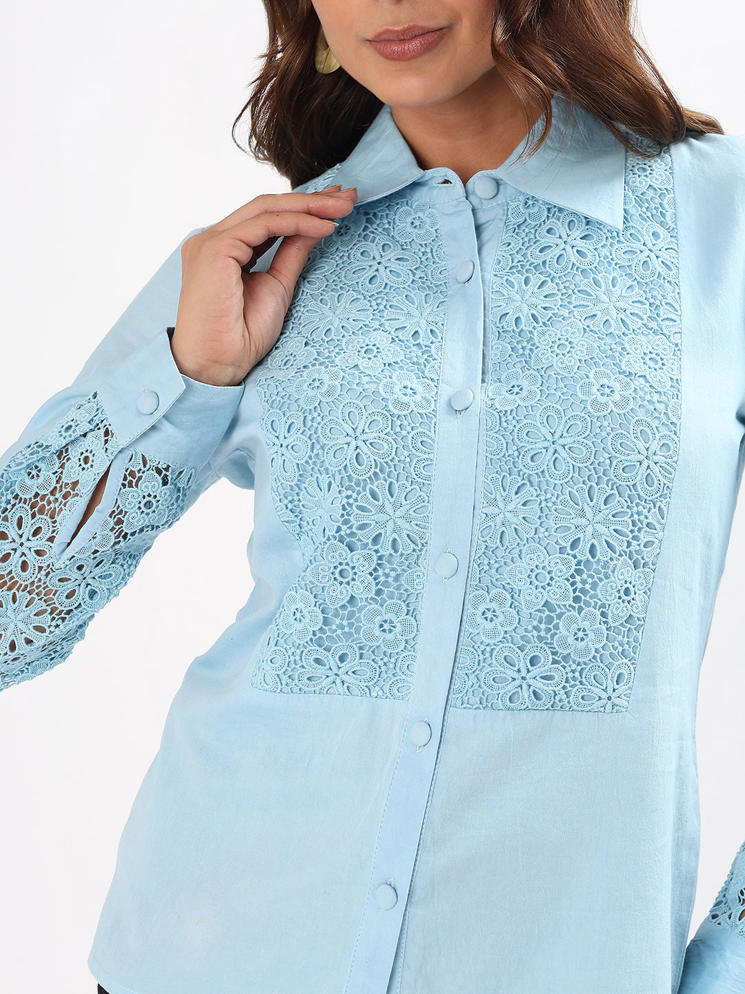 Baby Blue Lace Yoke Embroidered Cotton Silk Shirt