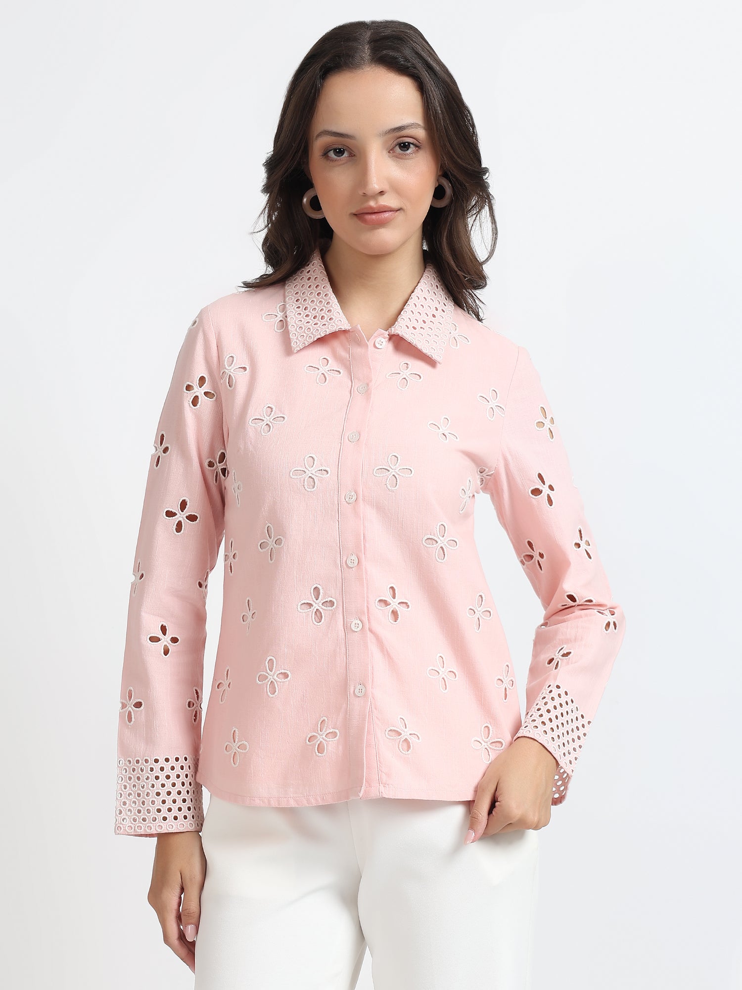 Women Pink Schiffli Embroidery Full Sleeve Shirt