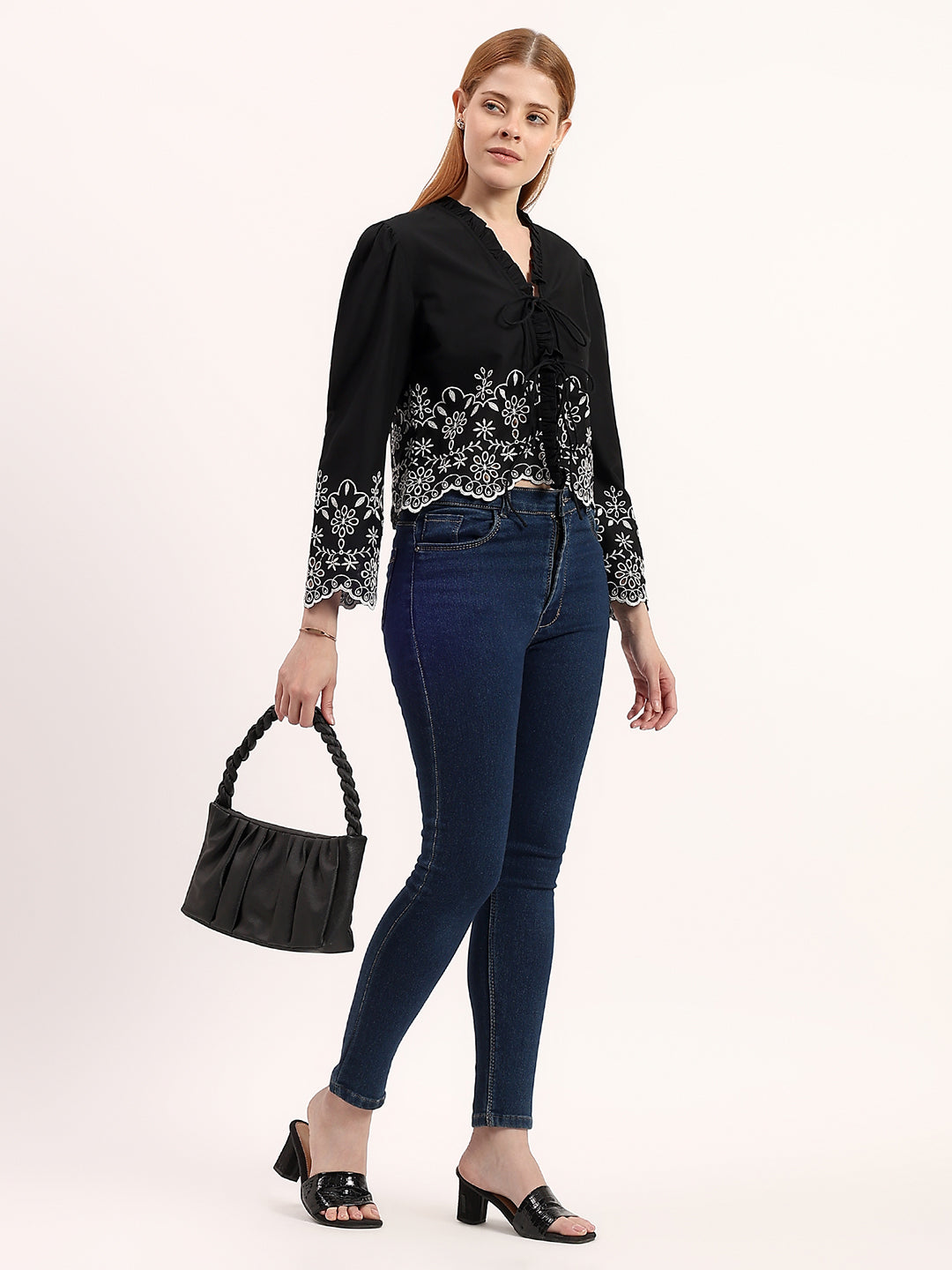 Black Embroidered Tie-Up Stylish Ruffle Neck Bell Sleeve Crop Top