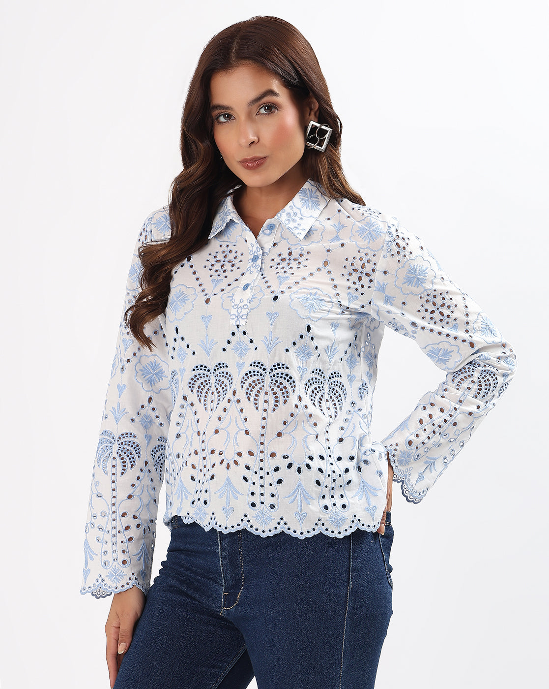 White & Blue Schiffli Embroidered Cotton Top