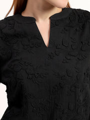 Floral Black 3D Embroidered Elegant Notch V-Neck 3/4 Sleeve Top
