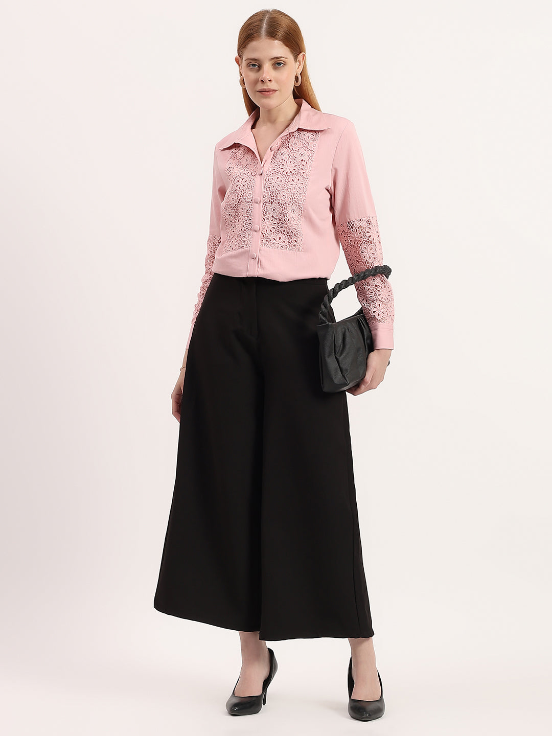 Blush Pink Lace Panel Elegant Button-Down Embroidered Full Sleeve Shirt