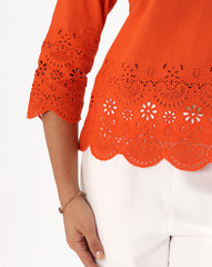 Tangy Orange Schiffli Embroidered Cotton Top