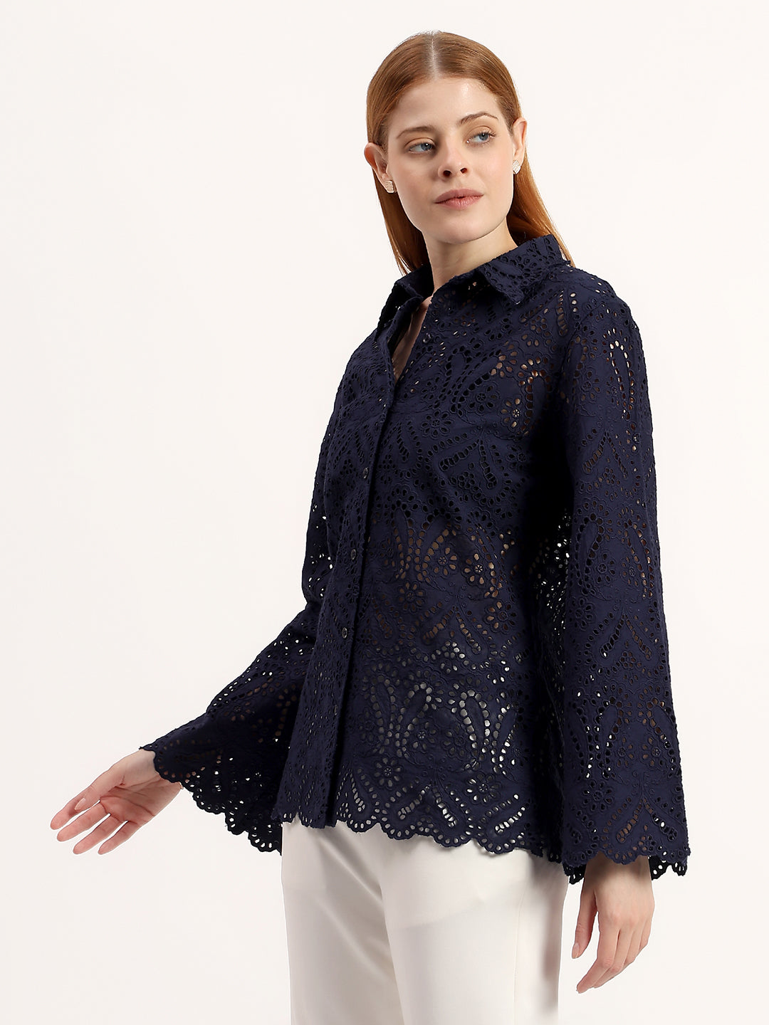 Navy Blue Elegant Eyelet Embroidered Full Bell Sleeve Scalloped Shirt