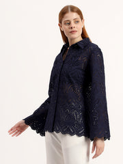Navy Blue Elegant Eyelet Embroidered Full Bell Sleeve Scalloped Shirt