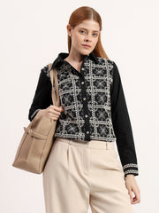 Black Embroidered Elegant Contrast Dori Work Button-Down Shirt