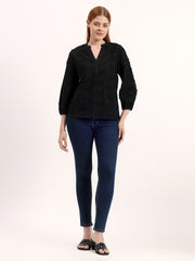 Black 3D Embroidered V-Neck Elegant Textured 3/4 Sleeve Stylish Top