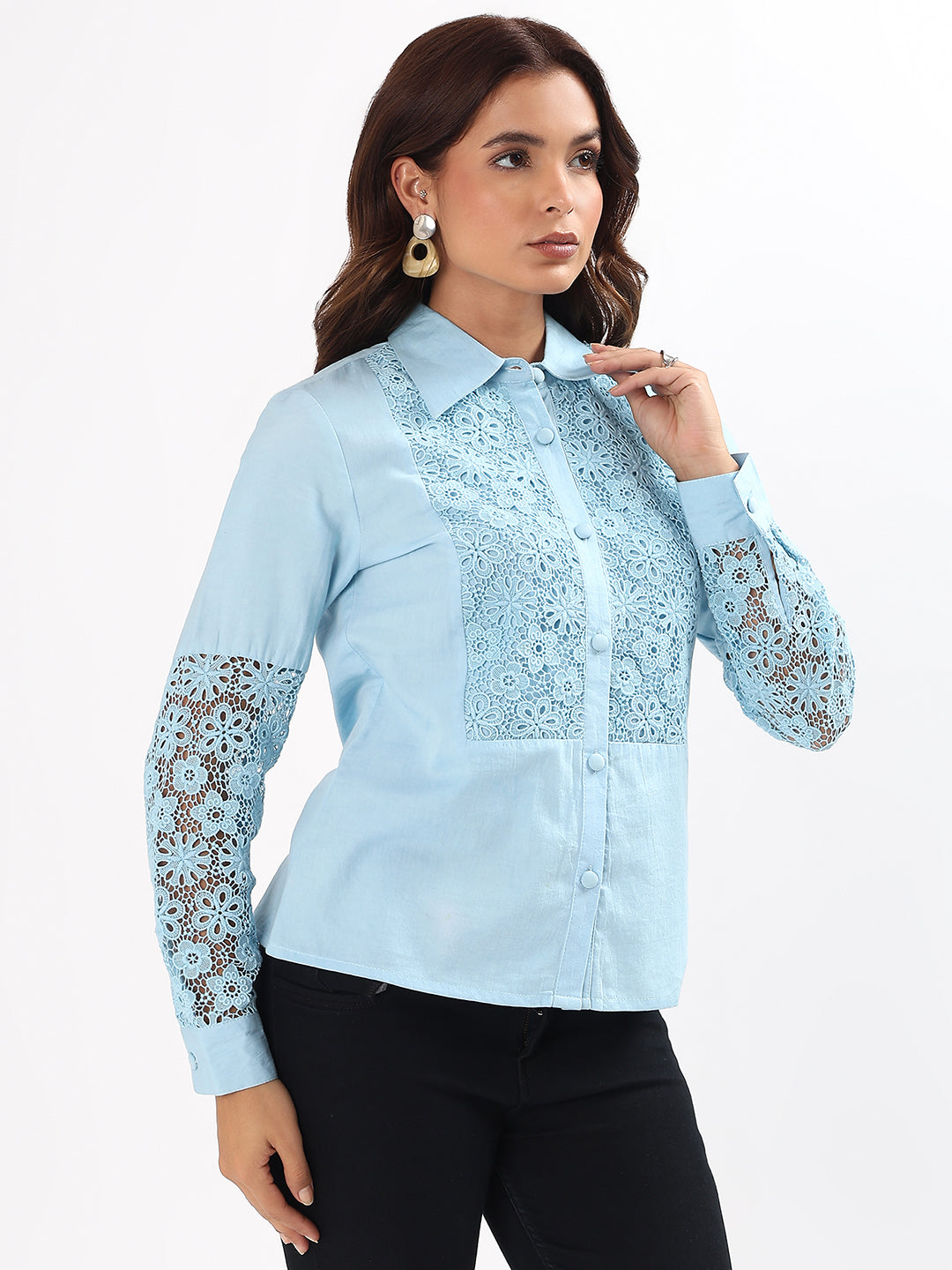 Baby Blue Lace Yoke Embroidered Cotton Silk Shirt