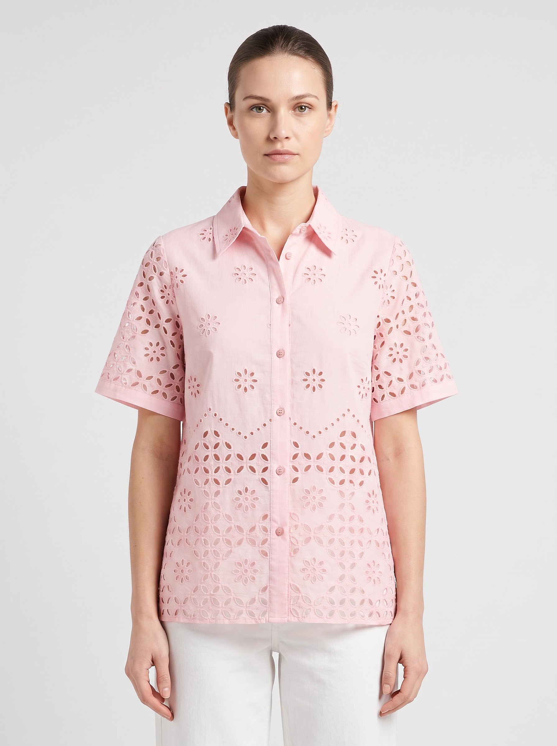 Women Pink Schiffli Embroidered Regular Fit Shirt
