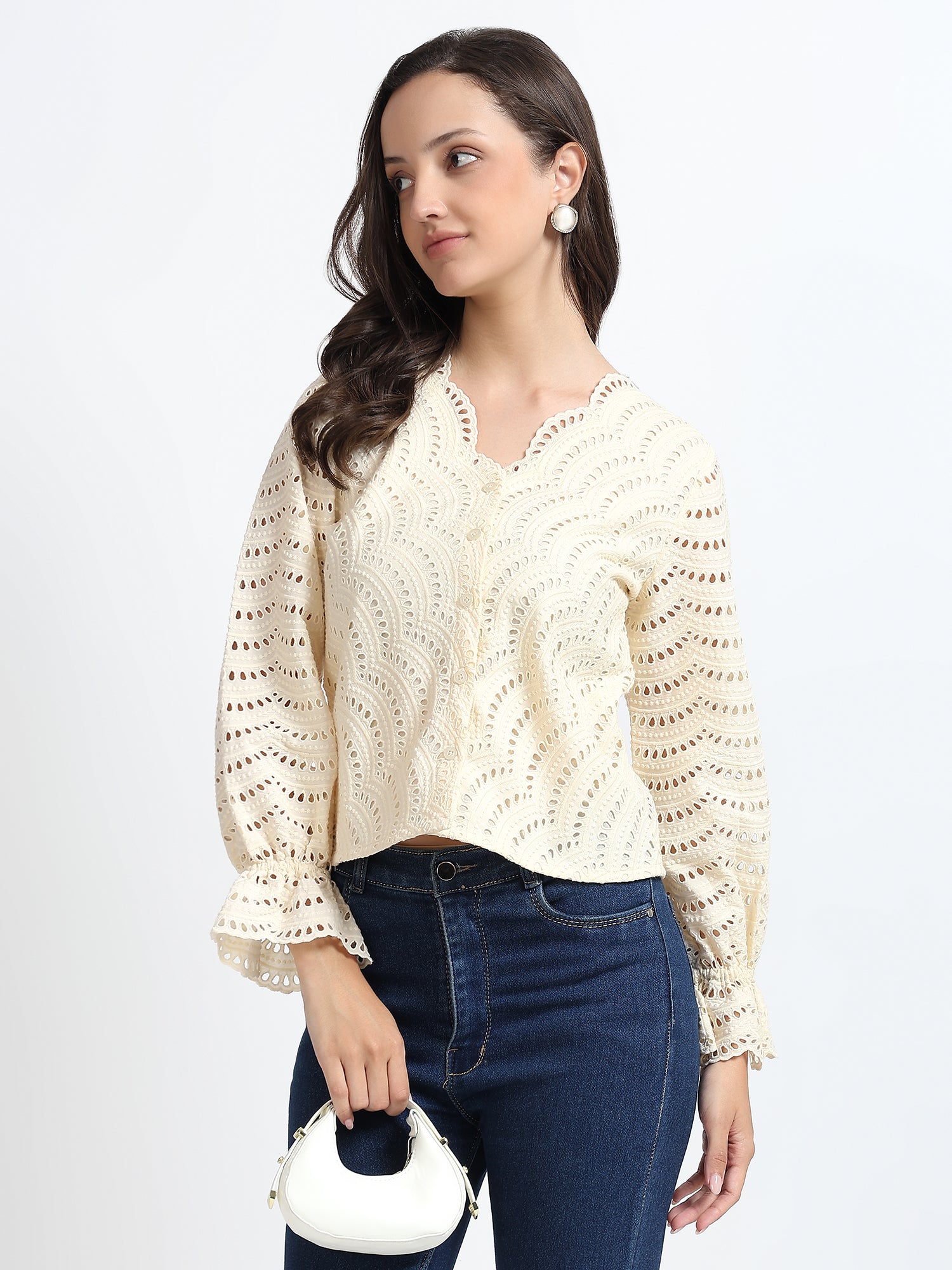 Women Cream Schiffli Embroidery V-Neck Shirt