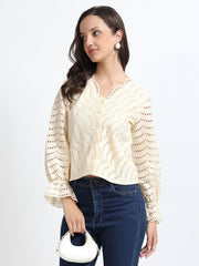 Women Cream Schiffli Embroidery V-Neck Shirt